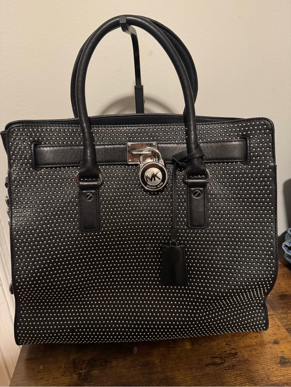 Michael Kors Black Studded Leather Tote with MK Lock